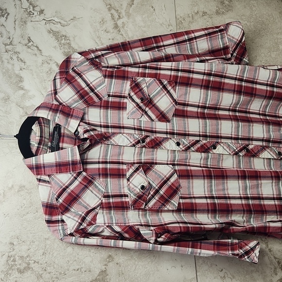 VINTAGE • Gilevans Flannel Button Down Long Sleeve large red black light weight - Picture 3 of 9